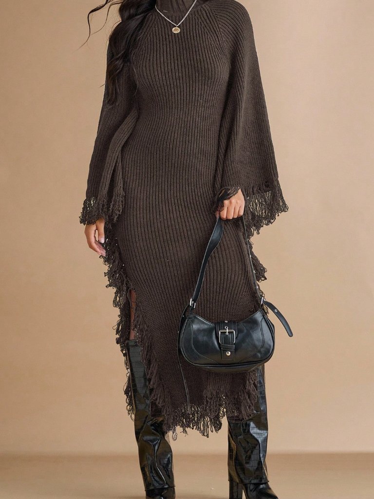 Coffee Brown Casual Women's Stand Collar Fringe Decor Side Slit Dress